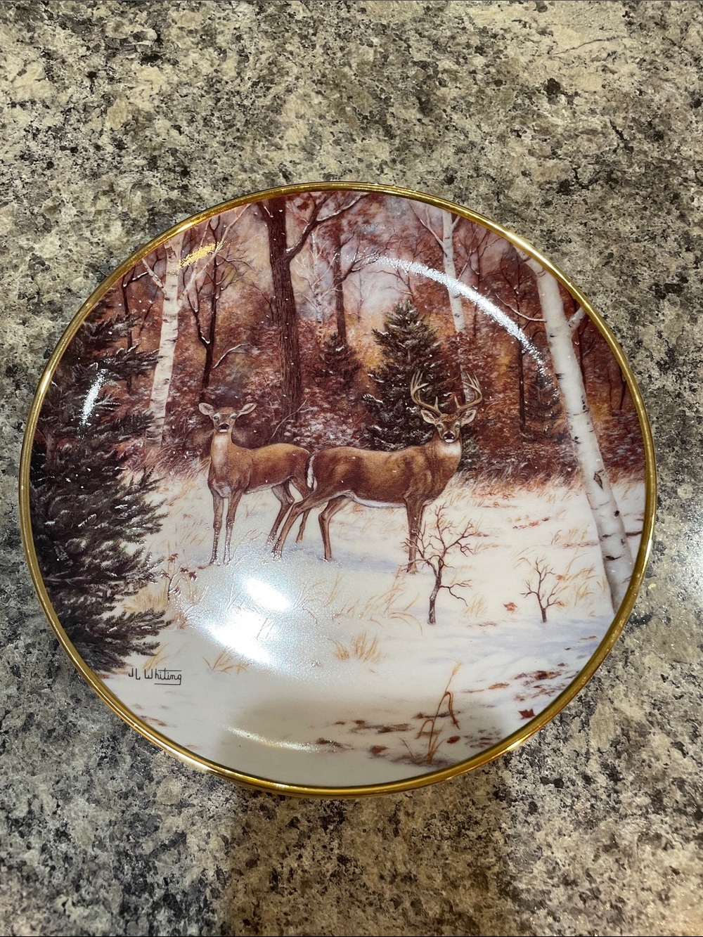 Franklin Mint Deer Forest Scene Plate - Brown & White & Gold